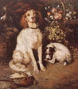 William Strutt Dogs with Flowers and game oil on canvas